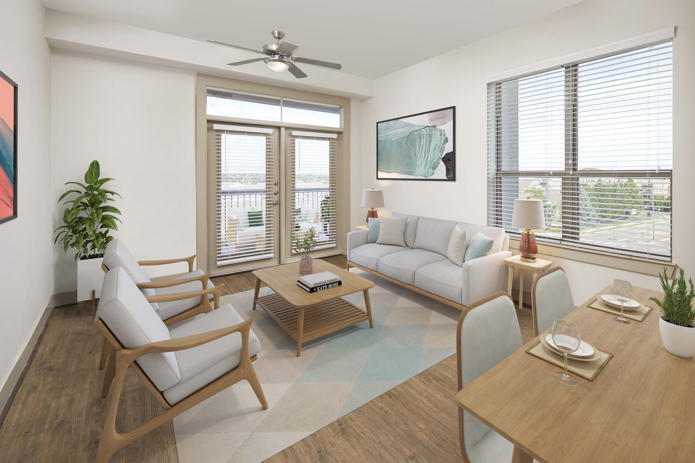 Living room with direct access to the balcony at Camden Lincoln Station Apartments in Lone Tree, CO