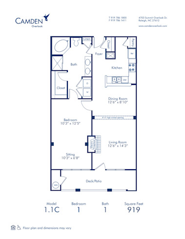 Blueprint of 1.1C Floor Plan, 1 Bedroom and 1 Bathroom at Camden Overlook Apartments in Raleigh, NC