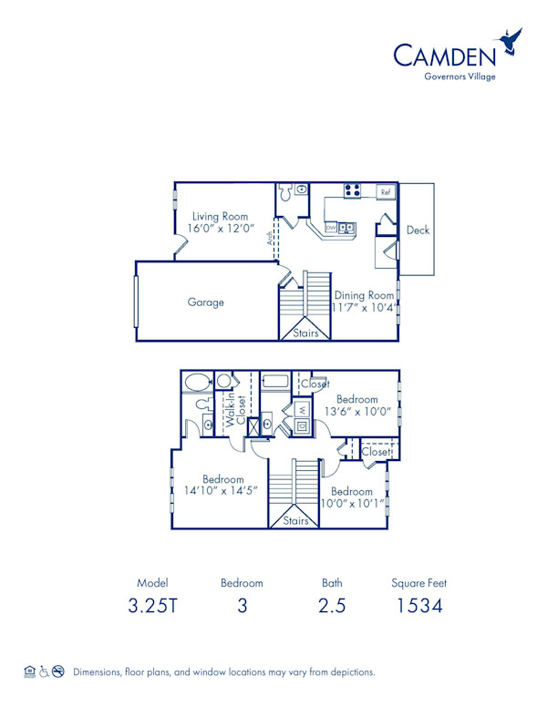 Blueprint of 3.25T Floor Plan, 3 Bedrooms and 2.5 Bathrooms at Camden Governors Village Apartments in Chapel Hill, NC
