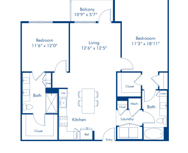 Blueprint of the B1D Two Bedroom, Two Bathroom Floor Plan at Camden Carolinian Apartments in Raleigh, NC
