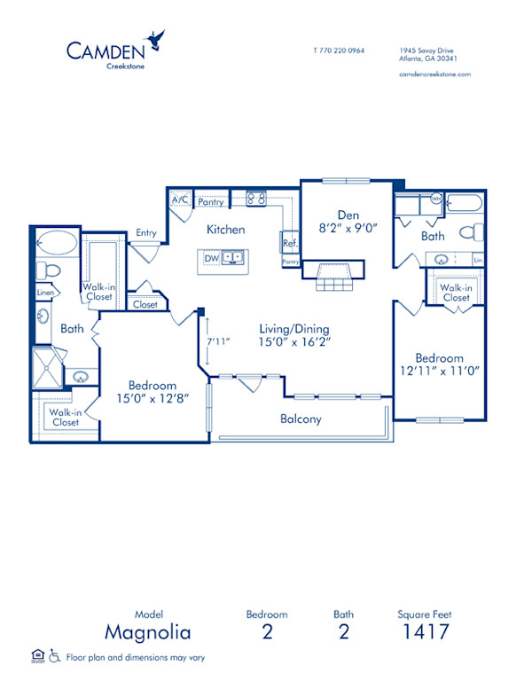 Blueprint of Magnolia Floor Plan, Apartment Home with 2 Bedrooms and 2 Bathrooms at Camden Creekstone in Atlanta, GA
