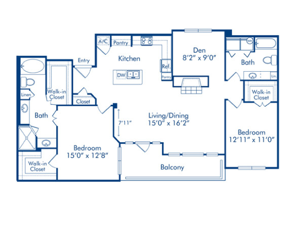 Blueprint of Magnolia Floor Plan, Apartment Home with 2 Bedrooms and 2 Bathrooms at Camden Creekstone in Atlanta, GA