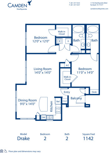 Blueprint of Drake Floor Plan, 2 Bedrooms and 2 Bathrooms at Camden Northpointe Apartments in Tomball, TX