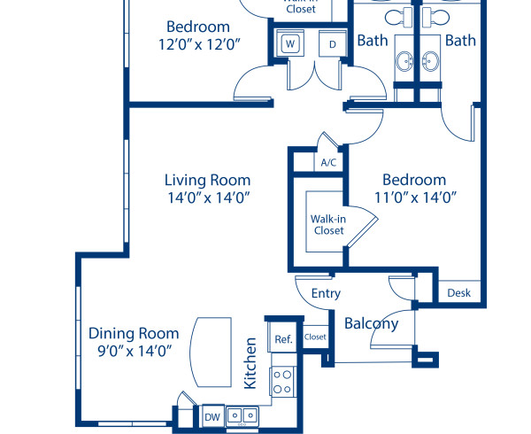 Blueprint of Drake Floor Plan, 2 Bedrooms and 2 Bathrooms at Camden Northpointe Apartments in Tomball, TX