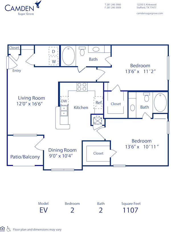 Blueprint of EV Floor Plan, 2 Bedrooms and 2 Bathrooms at Camden Sugar Grove Apartments in Stafford, TX