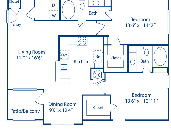 Blueprint of EV Floor Plan, 2 Bedrooms and 2 Bathrooms at Camden Sugar Grove Apartments in Stafford, TX