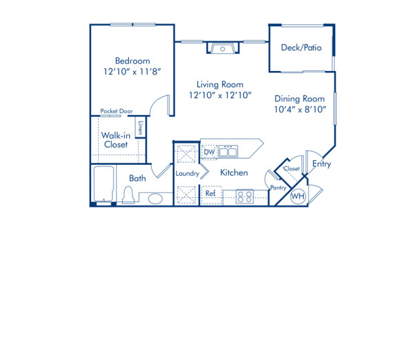 Blueprint of 1D Floor Plan, 1 Bedroom and 1 Bathroom at Camden Lakeway Apartments in Lakewood, CO