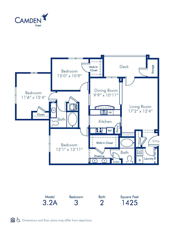 Blueprint of 3.2 Floor Plan, 3 Bedrooms and 2 Bathrooms at Camden Crest Apartments in Raleigh, NC