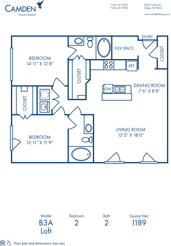 Blueprint of B3A - Loft Floor Plan, 2 Bedrooms and 2 Bathrooms at Camden Farmers Market Apartments in Dallas, TX