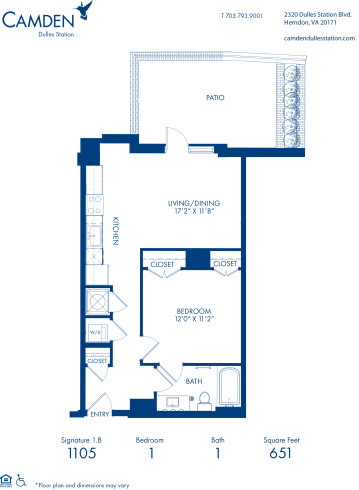 Blueprint of Signature 1.B Floor Plan, 1 Bedroom and 1 Bathroom at Camden Dulles Station Apartments in Herndon, VA