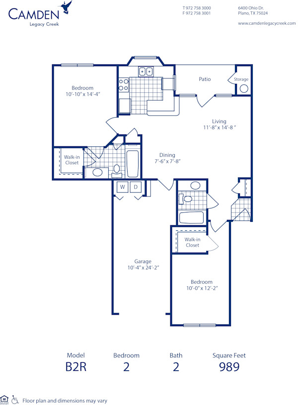 Blueprint of B2R Floor Plan, 2 Bedrooms and 2 Bathrooms at Camden Legacy Creek Apartments in Plano, TX