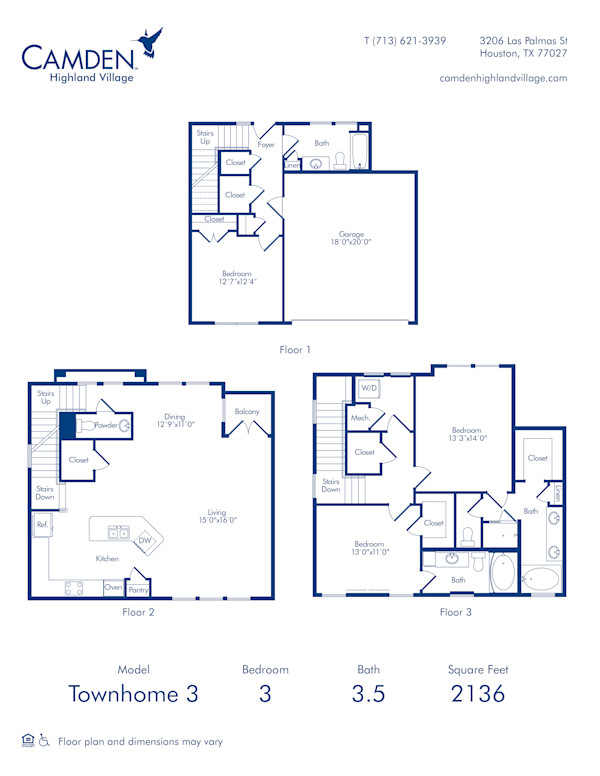 Camden Highland Village apartments in Houston, TX three bedroom townhome 3 blueprint