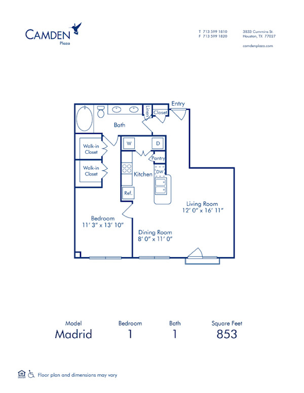 Blueprint of Madrid Floor Plan, 1 Bedroom and 1 Bathroom at Camden Plaza Apartments in Houston, TX