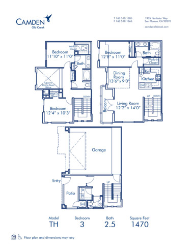 Blueprint of TH Floor Plan, 3 Bedrooms and 2.5 Bathrooms at Camden Old Creek Apartments in San Marcos, CA