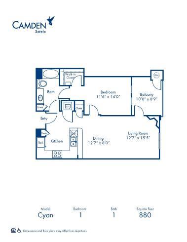 Blueprint of Cyan Floor Plan, 1 Bedroom and 1 Bathroom at Camden Sotelo Apartments in Tempe, AZ