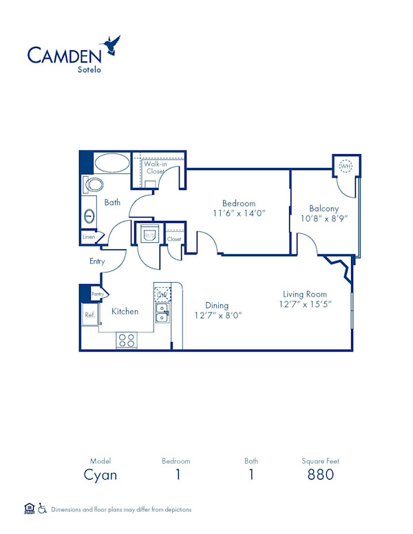 Blueprint of Cyan Floor Plan, 1 Bedroom and 1 Bathroom at Camden Sotelo Apartments in Tempe, AZ