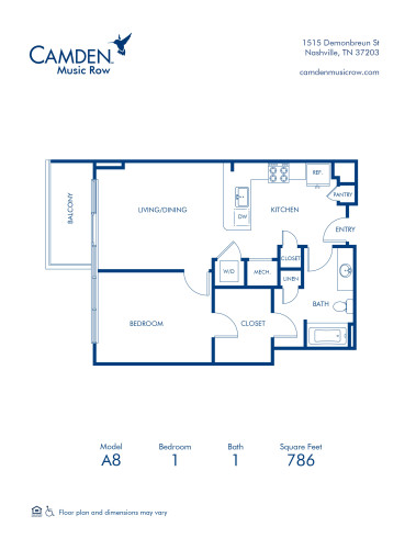Camden Music Row Apartments, Nashville, TN, A8 1 bedroom 1 bathroom floor plan