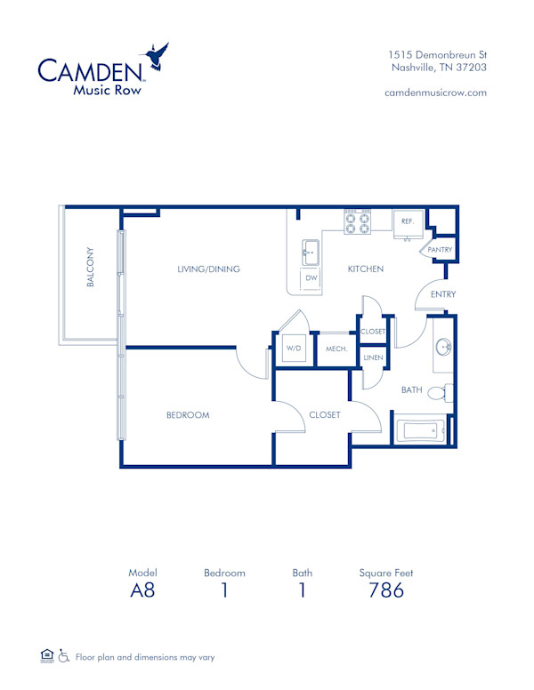 Camden Music Row Apartments, Nashville, TN, A8 1 bedroom 1 bathroom floor plan