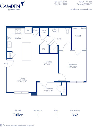 Blueprint of the Cullen floor plan at Camden Cypress Creek II apartments in Houston, TX