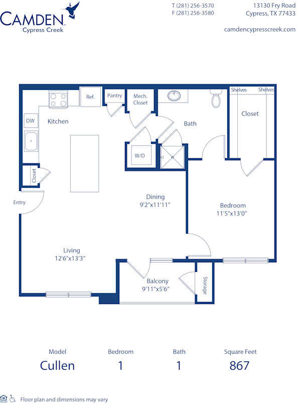 Blueprint of the Cullen floor plan at Camden Cypress Creek II apartments in Houston, TX