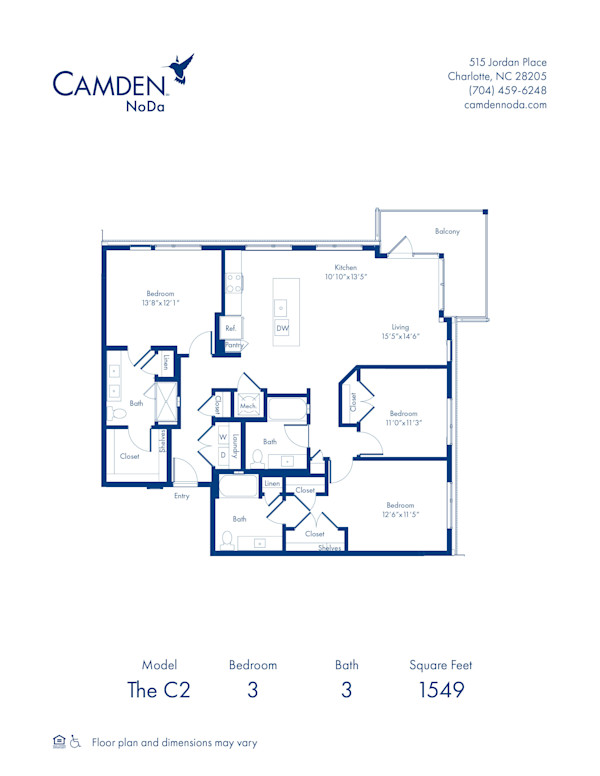 The C2 floor plan at Camden NoDa in Charlotte, NC - 3 bed, 3 bath floor plan at 1549 square feet