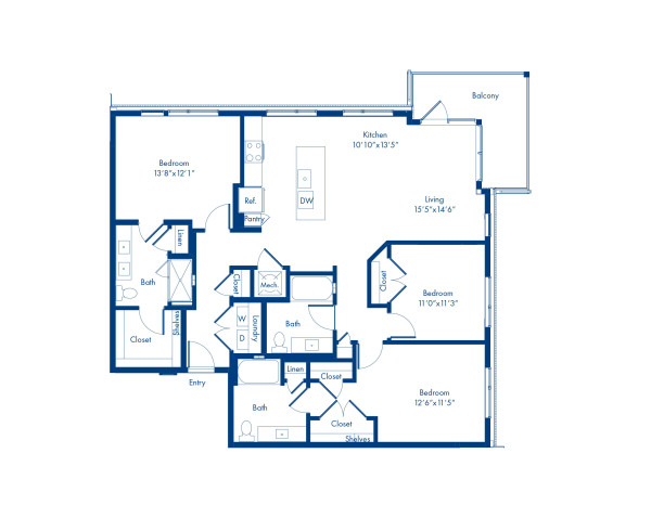 The C2 floor plan at Camden NoDa in Charlotte, NC - 3 bed, 3 bath floor plan at 1549 square feet