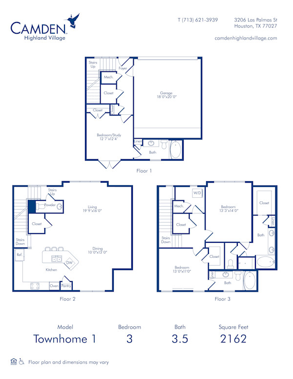Camden Highland Village apartments in Houston, TX three bedroom townhome 1 blueprint