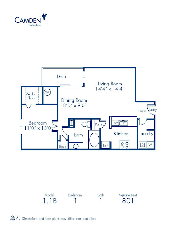 Blueprint of 1.1B Floor Plan, 1 Bedroom and 1 Bathroom at Camden Ballantyne Apartments in Charlotte, NC