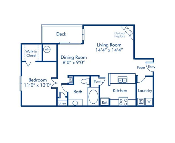 Blueprint of 1.1B Floor Plan, 1 Bedroom and 1 Bathroom at Camden Ballantyne Apartments in Charlotte, NC