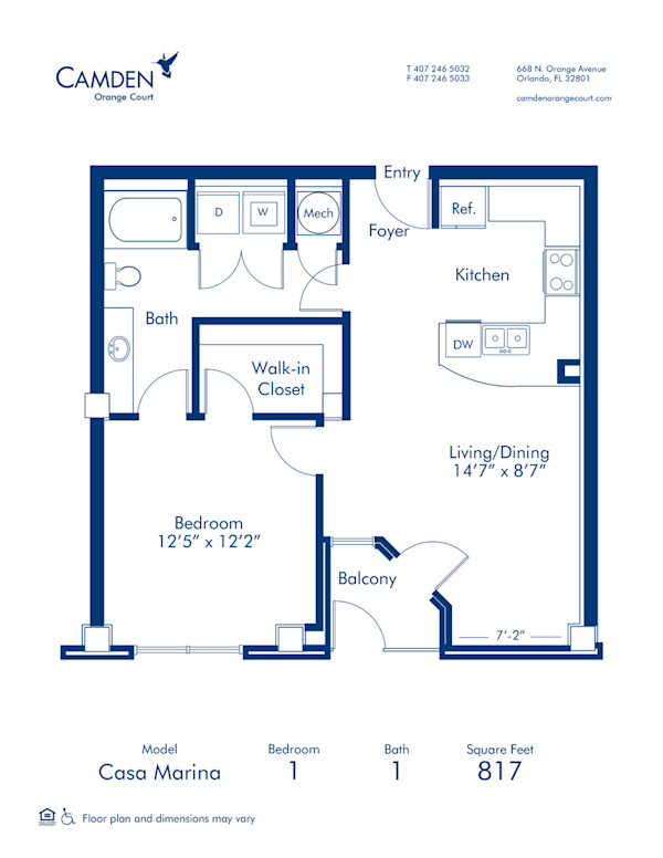 Blueprint of Casa Marina Floor Plan, 1 Bedroom and 1 Bathroom at Camden Orange Court Apartments in Orlando, FL