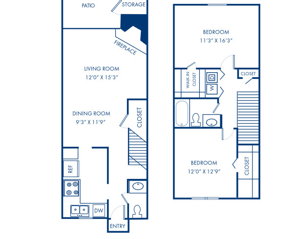 Blueprint of 2.2T Floor Plan, 2 Bedrooms and 1.5 Bathrooms at Camden Foxcroft Apartments in Charlotte, NC