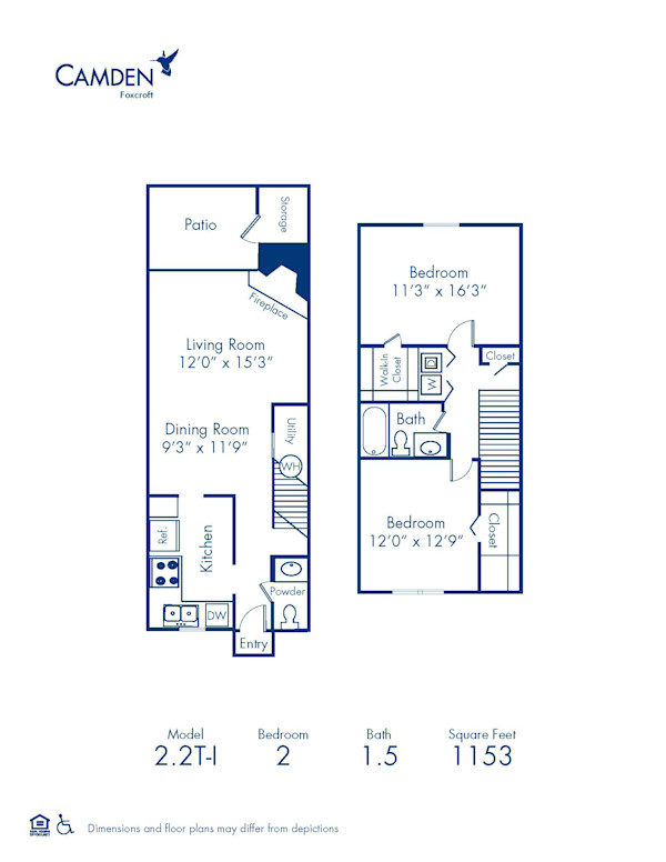 Blueprint of 2.2T Floor Plan, 2 Bedrooms and 1.5 Bathrooms at Camden Foxcroft Apartments in Charlotte, NC