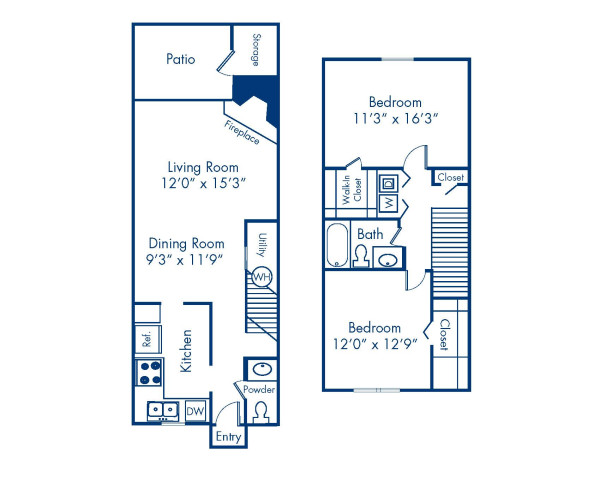 Blueprint of 2.2T Floor Plan, 2 Bedrooms and 1.5 Bathrooms at Camden Foxcroft Apartments in Charlotte, NC
