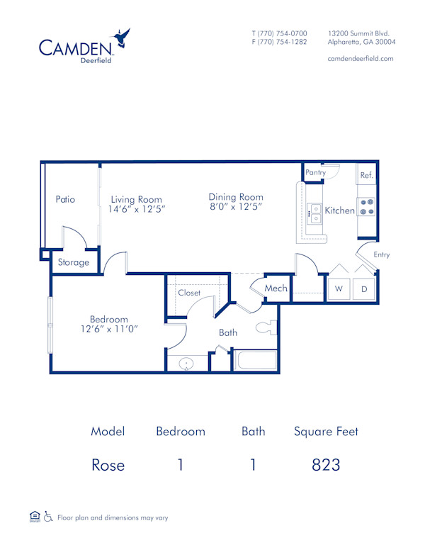Blueprint of Rose Floor Plan, 1 Bedroom and 1 Bathroom at Camden Deerfield Apartments in Alpharetta, GA