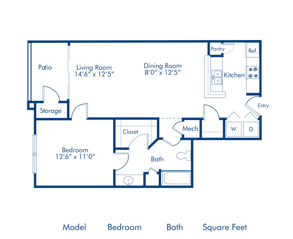 Blueprint of Rose Floor Plan, 1 Bedroom and 1 Bathroom at Camden Deerfield Apartments in Alpharetta, GA