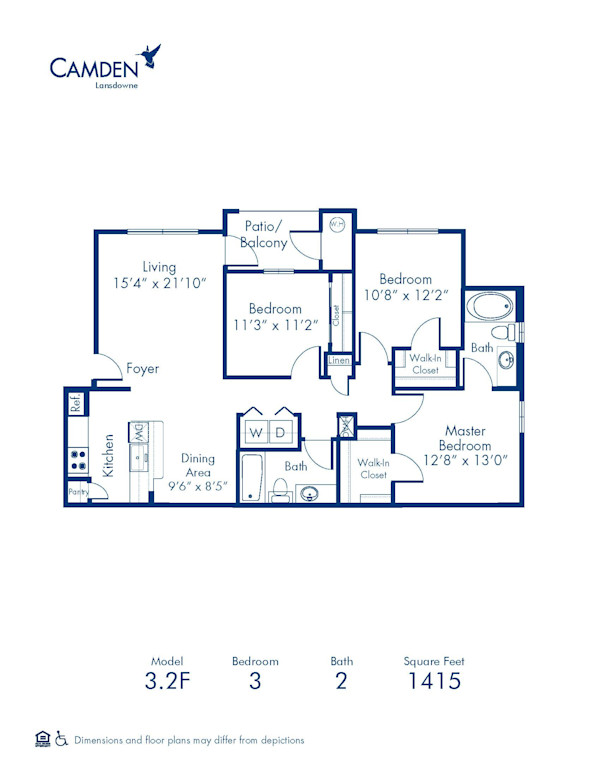 Blueprint of 3.2F Floor Plan, 3 Bedrooms and 2 Bathrooms at Camden Lansdowne Apartments in Lansdowne, VA