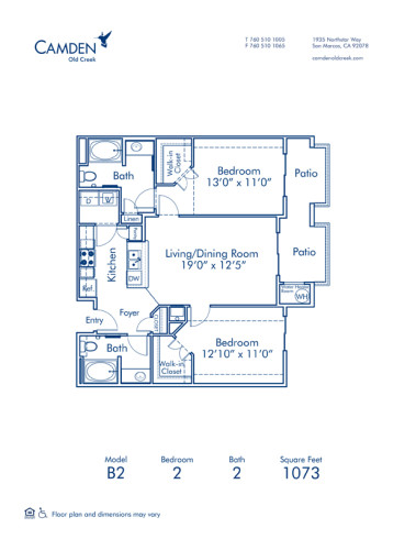 Blueprint of B2 Floor Plan, 2 Bedrooms and 2 Bathrooms at Camden Old Creek Apartments in San Marcos, CA