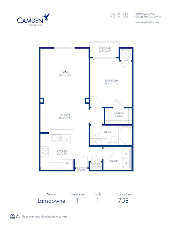 Blueprint of Lansdowne Floor Plan, 1 Bedroom and 1 Bathroom at Camden College Park Apartments in College Park, MD