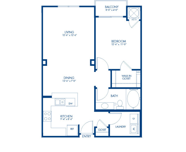 Blueprint of Lansdowne Floor Plan, 1 Bedroom and 1 Bathroom at Camden College Park Apartments in College Park, MD
