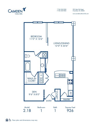 Blueprint of 2.1B floor plan, 1 Bedroom and 1 Bathroom with Den at Camden Cotton Mills Apartments in Charlotte, NC