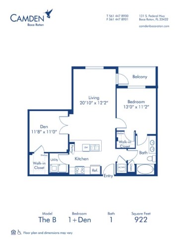 Blueprint of The B Floor Plan, 1 Bedroom and 1 Bathroom at Camden Boca Raton Apartments in Boca Raton, FL