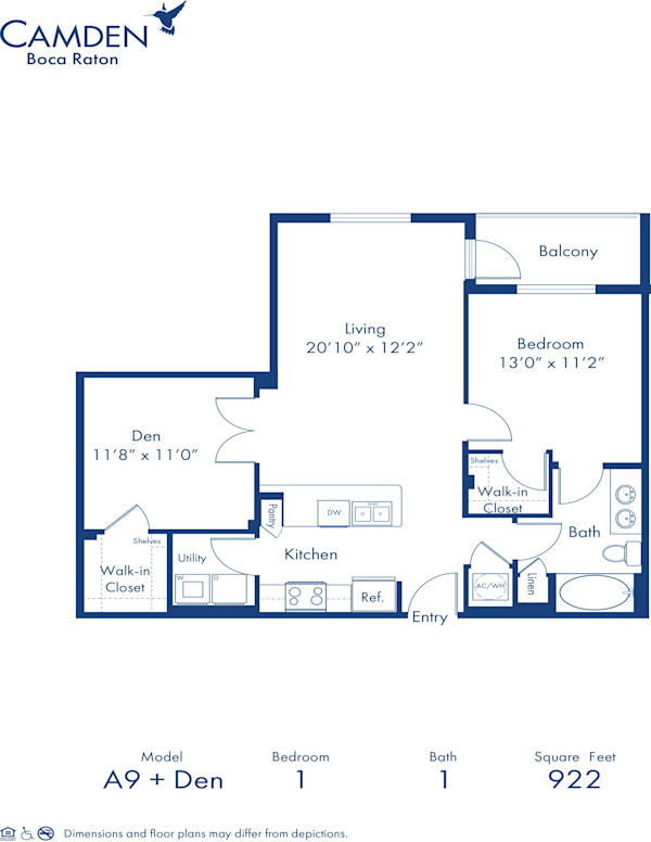 Blueprint of The B Floor Plan, 1 Bedroom and 1 Bathroom at Camden Boca Raton Apartments in Boca Raton, FL