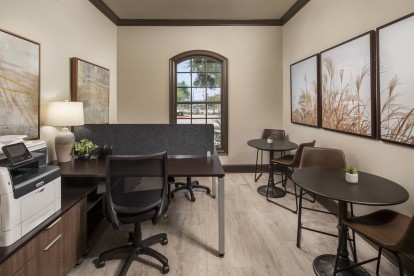 Community workspace with desk seating, WiFi and cloud printer at Camden Brushy Creek apartments in Austin, TX