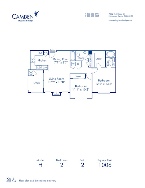 Blueprint of H Floor Plan, 2 Bedrooms and 2 Bathrooms at Camden Highlands Ridge Apartments in Highlands Ranch, CO