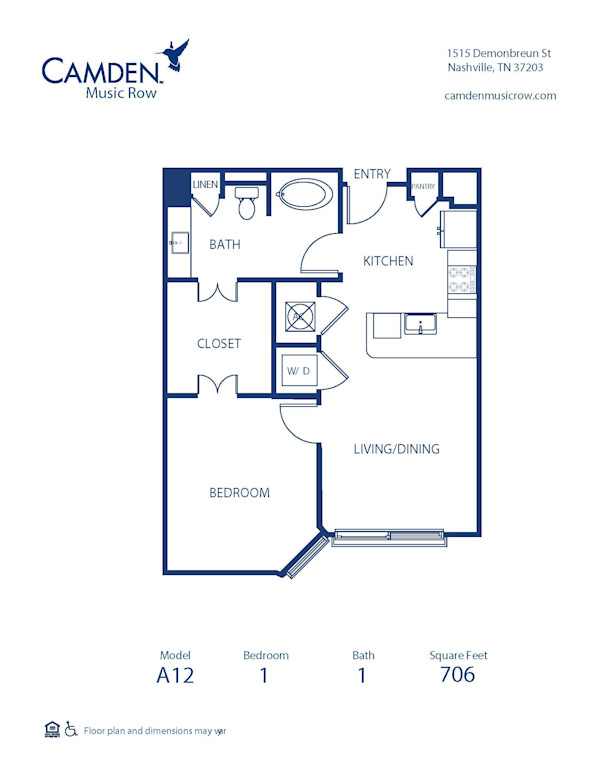 Blueprint of A12 Floor Plan, 1 Bedroom and 1 Bathroom at Camden Music Row Apartments in Nashville, TN