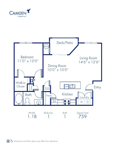 Blueprint of 1.1B Floor Plan, 1 Bedroom and 1 Bathroom at Camden Sedgebrook Apartments in Huntersville, NC