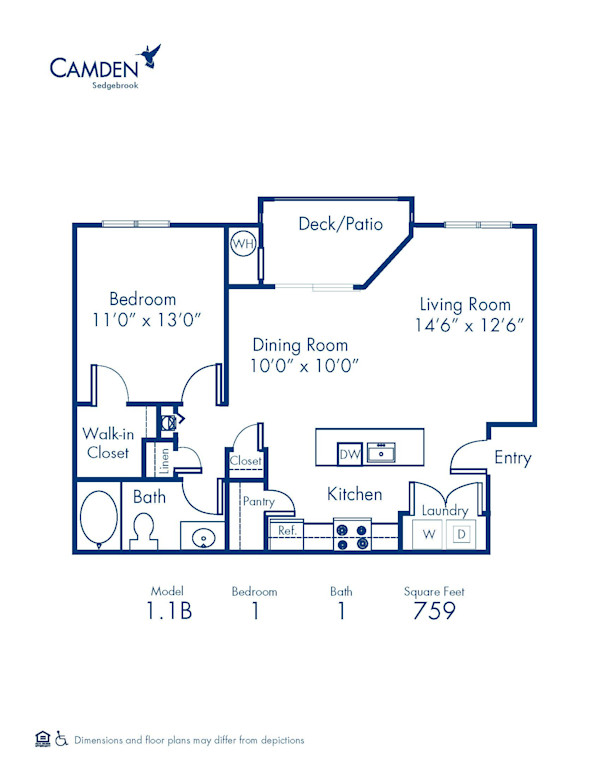 Blueprint of 1.1B Floor Plan, 1 Bedroom and 1 Bathroom at Camden Sedgebrook Apartments in Huntersville, NC