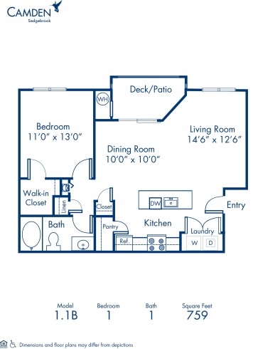 Blueprint of 1.1B Floor Plan, 1 Bedroom and 1 Bathroom at Camden Sedgebrook Apartments in Huntersville, NC