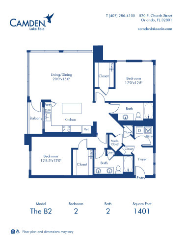 Camden Lake Eola apartments in Downtown Orlando, FL, two bedroom, two bathroom floor plan B2