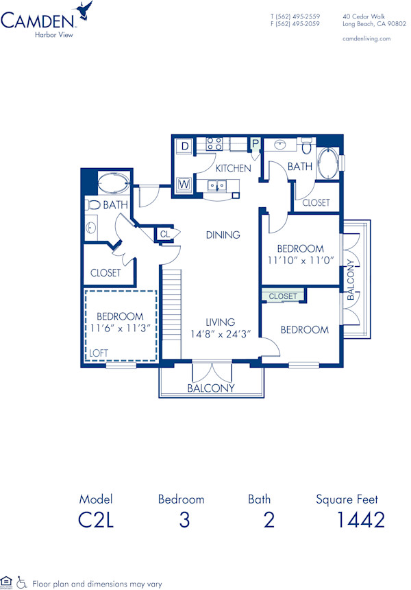 Blueprint of C2L den, loft Floor Plan, 2 Bedrooms and 2 Bathrooms at Camden Harbor View Apartments in Long Beach, CA